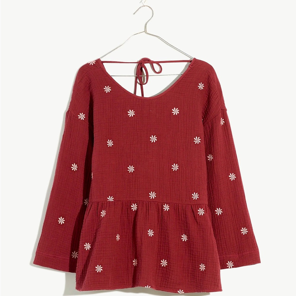 Madewell Embroidered Lightspun Peplum Open-Back Top